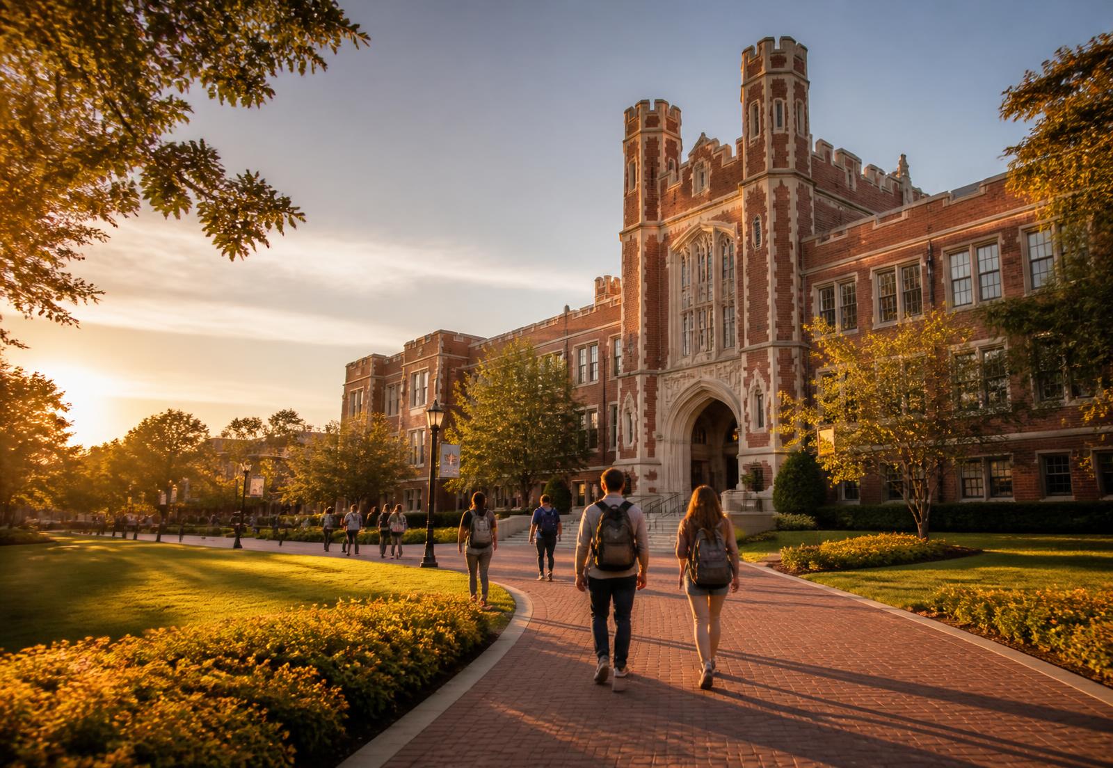 College campus at golden hour